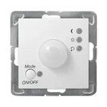 Biały elektroniczny czujnik ruchu Ospel Impresja z pokrętłem regulacji i przyciskiem ON/OFF, widoczny mechanizm montażowy.