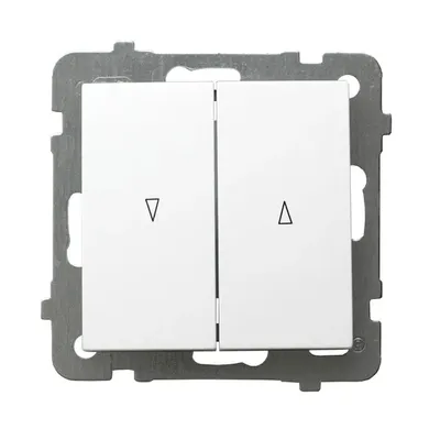 Biały łącznik żaluzjowy z blokadą mechaniczną Ospel As ŁP-7GB/m/00 z dwoma klawiszami i symbolami strzałek.