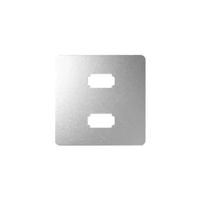 Aluminiowa pokrywa gniazda 2xUSB Simon 82 w kolorze srebrnym, z dwoma prostokątnymi otworami.