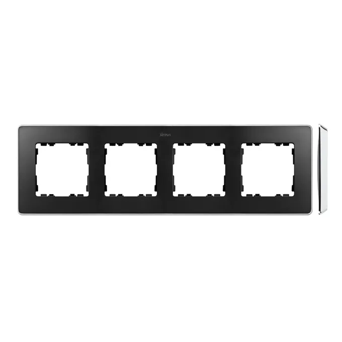 Ramka poczwórna Simon 82 Detail SELECT-metal w kolorze grafitowym z chromowaną podstawą, na białym tle.
