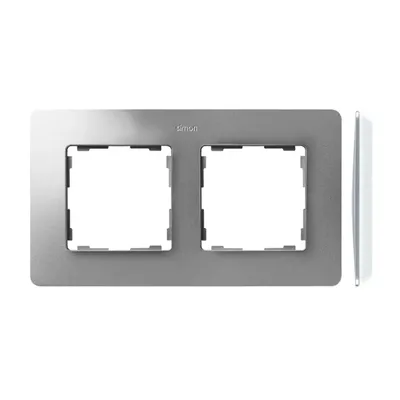 Ramka podwójna Simon 82 Detail ORIGINAL-air w kolorze aluminium z białym elementem bazowym, widok z przodu i z boku.