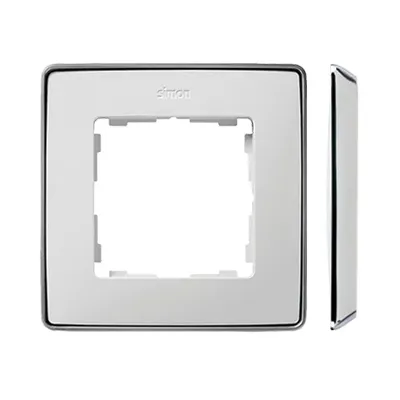 Ramka pojedyncza Simon 82 Detail SELECT-metal w kolorze białym z chromowaną podstawą, prezentująca nowoczesny design.