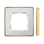 Ramka pojedyncza Simon 82 Detail SELECT-metal w kolorze białym ze złotym wykończeniem, prezentująca elegancki design.