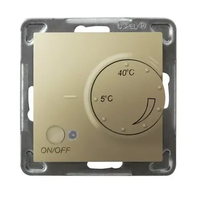 Regulator temperatury Ospel Impresja RTP-1YN/m/28 w kolorze złotego metaliku z pokrętłem regulacji od 5°C do 40°C i przyciskiem ON/OFF.