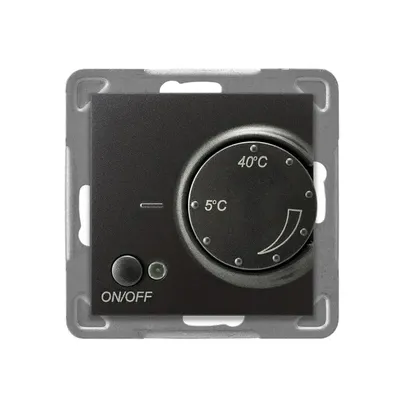 Regulator temperatury Ospel RTP-1Y/m/50 antracyt z czujnikiem podłogowym, pokrętło regulacji od 5°C do 40°C, przycisk ON/OFF.