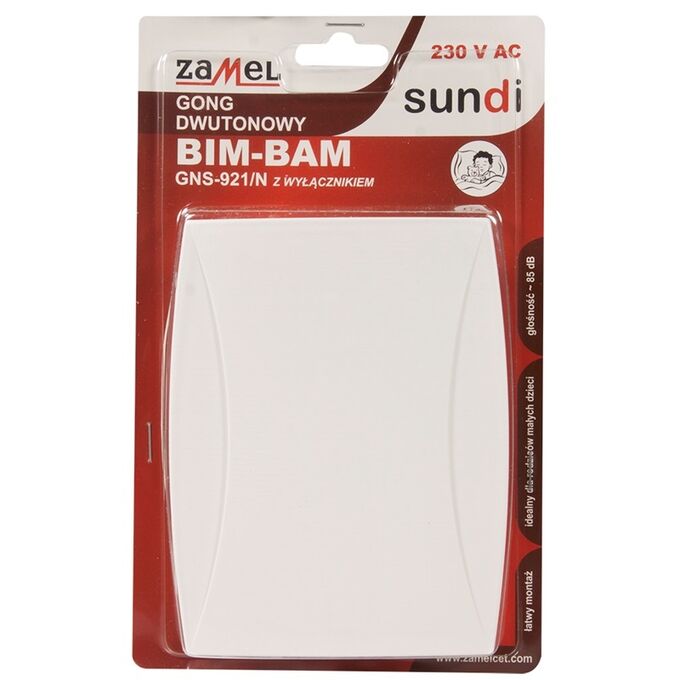 Gong dwutonowy Bim-Bam 230V z wyłącznikiem Biały Zamel Sundi - GNS-921/N-BIA