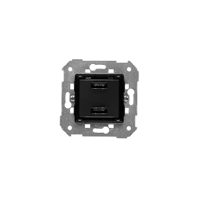 Ładowarka podwójna USB typu A+A Simon 82 w kolorze czarnym, z metalowym mechanizmem montażowym.
