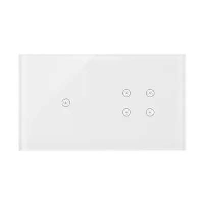 Panel dotykowy Simon 54 Touch DSTR214/70 w kolorze białej perły, z jednym polem dotykowym po lewej i czterema po prawej.
