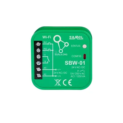 Zielony sterownik bramowy dwukierunkowy Wi-Fi Zamel Supla SBW-01 z oznaczeniami wejść IN1, IN2 i zasilania A1, A2.