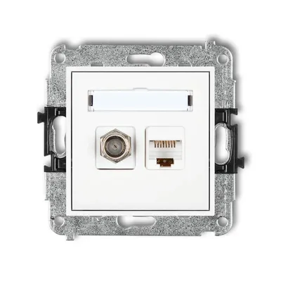 Gniazdo komputerowo-antenowe RJ45 kat.5e Karlik MINI MGFK-1 w kolorze białym z polem opisowym, gniazdem antenowym i portem RJ45.