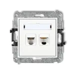 Gniazdo komputerowo-telefoniczne Karlik MINI MGTK z dwoma portami RJ45 i RJ11, białe, połysk, kat. 5e, z polem opisowym.