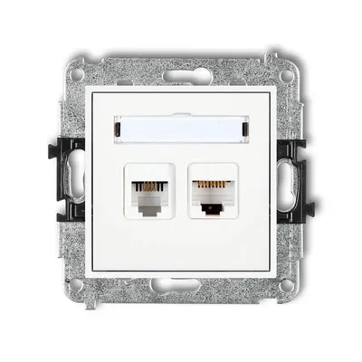 Gniazdo komputerowo-telefoniczne Karlik MINI MGTK z dwoma portami RJ45 i RJ11, białe, połysk, kat. 5e, z polem opisowym.