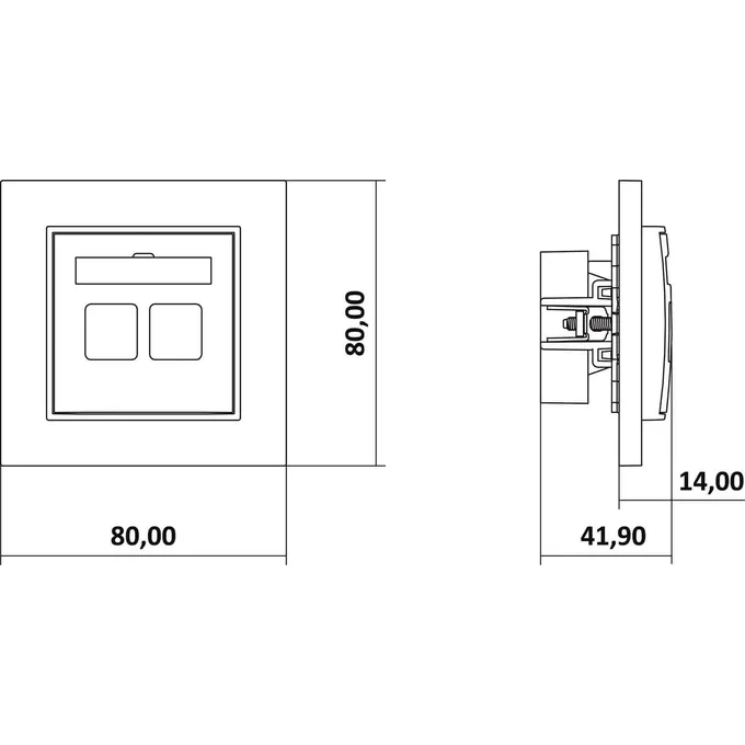 Gniazdo komputerowo-telefoniczne RJ11+RJ45 Karlik MINI, kat.5e, grafitowe - schemat z wymiarami 80x80x41,9 mm.