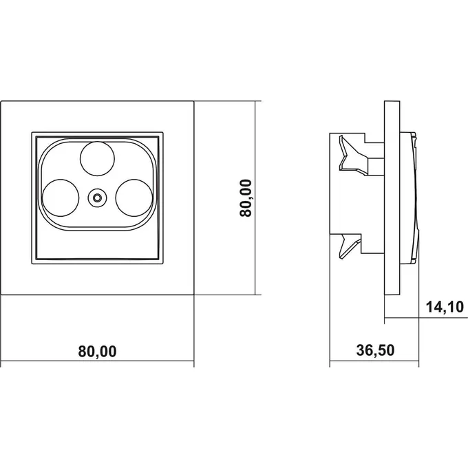 Gniazdo multimedialne 3F DATA (UPC) Karlik MINI grafitowy mat - schemat z wymiarami 80x80 mm.