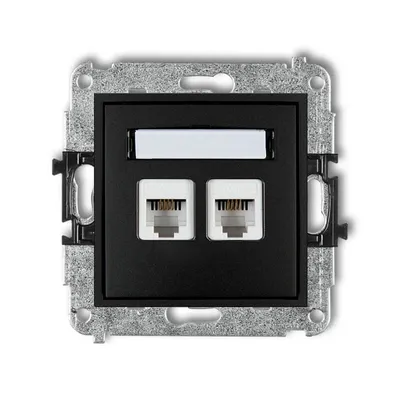 Gniazdo telefoniczne podwójne Karlik MINI w kolorze czarny mat z polem opisowym, z dwoma gniazdami RJ45.