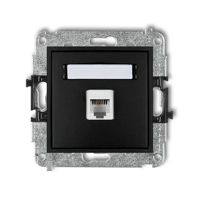 Gniazdo telefoniczne pojedyncze Karlik MINI 12MGT-1 w kolorze czarny mat, z polem opisowym i jednym gniazdem RJ45.