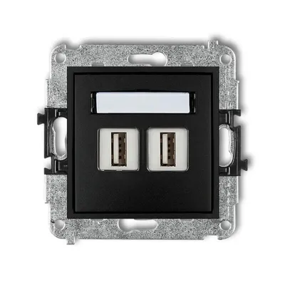 Karlik MINI podwójne gniazdo USB-A 2.0 w kolorze czarny mat z polem opisowym, widok z przodu.