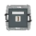Ładowarka pojedyncza USB typu A 1A Karlik MINI w kolorze grafitowym matowym z ramką, widoczna od frontu na białym tle.