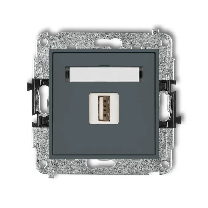 Ładowarka pojedyncza USB typu A 1A Karlik MINI w kolorze grafitowym matowym z ramką, widoczna od frontu na białym tle.