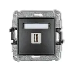 Ładowarka pojedyncza USB typu A 1A Karlik MINI w kolorze grafitowym z ramką, widoczna od frontu na białym tle.