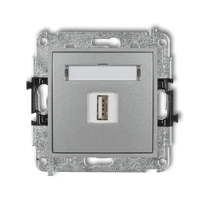 Ładowarka pojedyncza USB typu A 1A Karlik MINI w kolorze srebrny metalik z polem opisowym, model 7MCUSB-1.