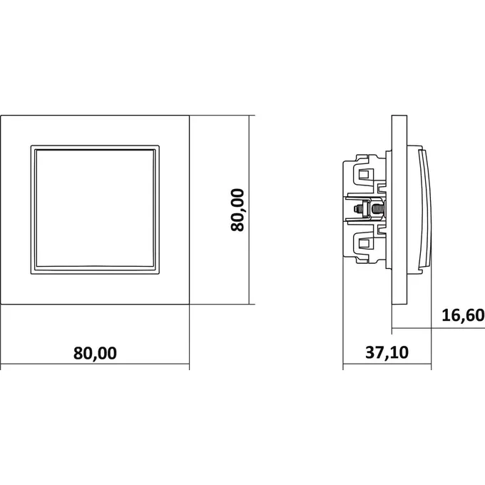 Schemat techniczny łącznika schodowego Karlik MINI 27MWP-3 w kolorze szarym matowym z podanymi wymiarami: 80x80 mm, głębokość 37,10 mm, wysokość 16,60 mm.