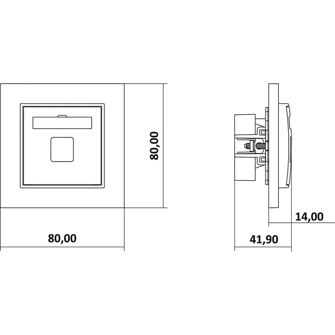 Schemat techniczny ładowarki pojedynczej USB typu A 1A Karlik MINI z wymiarami: 80x80 mm, głębokość 41,90 mm, wystawanie 14 mm.