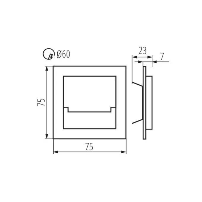Schemat techniczny oprawy schodowej LED Kanlux SABIK MINI z wymiarami: 75x75mm, głębokość 23mm, otwór montażowy Ø60mm.
