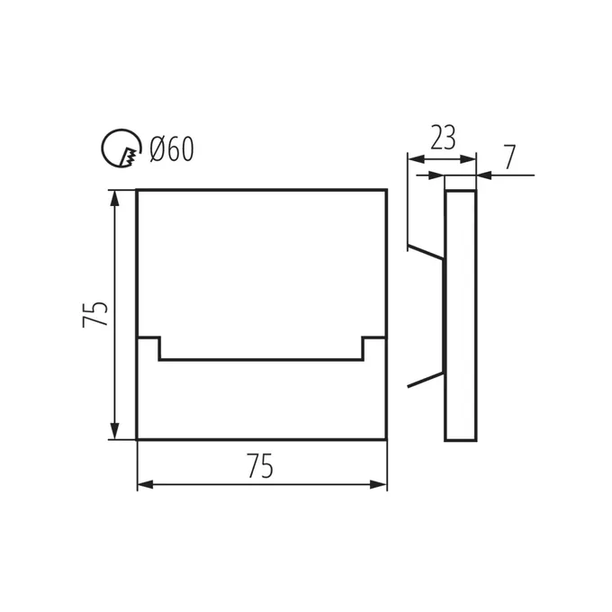 Schemat techniczny oprawy schodowej LED Kanlux SABIK z wymiarami: 75x75 mm, głębokość 23 mm, średnica otworu montażowego Ø60 mm.