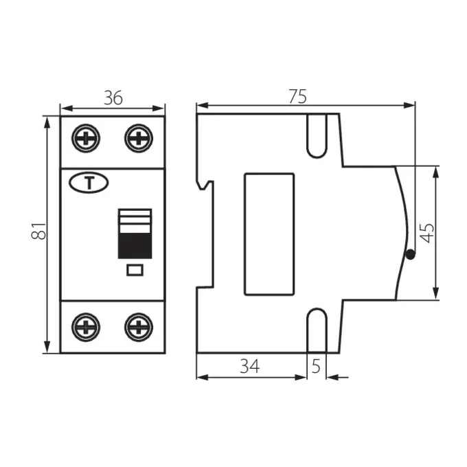 Schemat techniczny wyłącznika różnicowoprądowego Kanlux KRO6-2/B16/30-A z podanymi wymiarami: 36x81 mm (widok z przodu) i 75x45 mm (widok z boku).
