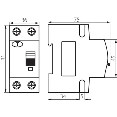 Schemat techniczny wyłącznika różnicowoprądowego Kanlux KRO6/B25/30 z wymiarami: 81x36mm i 75x45mm.