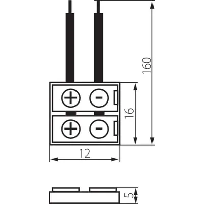 Schemat techniczny łącznika do liniowych modułów LED Kanlux 8-CP 12V z widocznymi wymiarami: 160mm, 16mm, 12mm, 5mm.