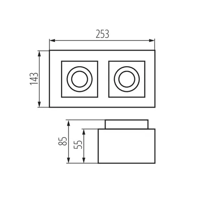 Sufitowa oprawa punktowa STOBI DLP 250-B Czarny Kanlux - schemat techniczny z wymiarami: 253x143x85 mm, głębokość 55 mm.