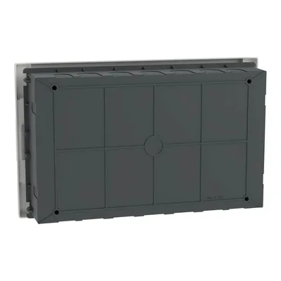 Rozdzielnica podtynkowa Schneider Easy9 1x18 z białymi drzwiami, widok od tyłu, z widocznymi otworami na kable.