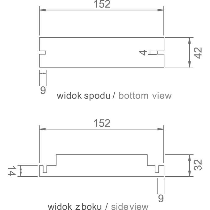Schemat techniczny zestawu PRIMUS LED D6/A 3h MT z wymiarami: długość 152 mm, wysokość 42 mm i 32 mm, grubość 9 mm.
