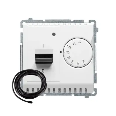 Biały regulator temperatury Simon Basic z pokrętłem do regulacji i przełącznikiem, w zestawie czujnik zewnętrzny.