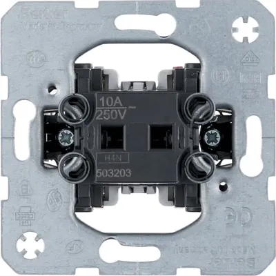 Mechanizm łącznika dwuklawiszowego Berker one.platform 503203, 1 zestyk zwierny, 1 zestyk rozwierny, 10A 250V, Made in Germany.