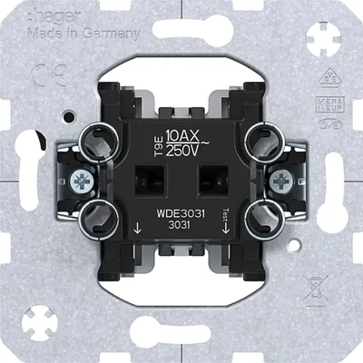 Mechanizm łącznika pojedynczego Hager one.platform WDE3031 (Berker - 533031) z oznaczeniami 10AX 250V, Made in Germany.