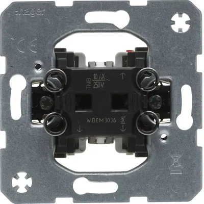 Mechanizm łącznika pojedynczego lub schodowego Hager one.platform WDEM3036 (Berker) z oznaczeniami 10 AX 250V.