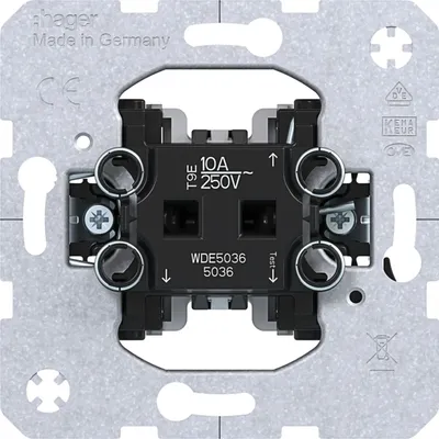 Mechanizm łącznika przyciskowego Hager one.platform WDE5036 (Berker - 535036) z oznaczeniami 10A 250V.