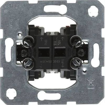 Mechanizm przełącznika Hager one.platform WDEM503503 z dwoma zestykami zwiernymi, zaciskami wejściowymi i oznaczeniem 10A 250V.