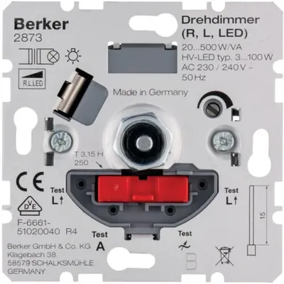 Mechanizm ściemniacza obrotowego Berker 2873 do lamp LED, 20-500W, z obsługą LED 3-100W, AC 230/240V.