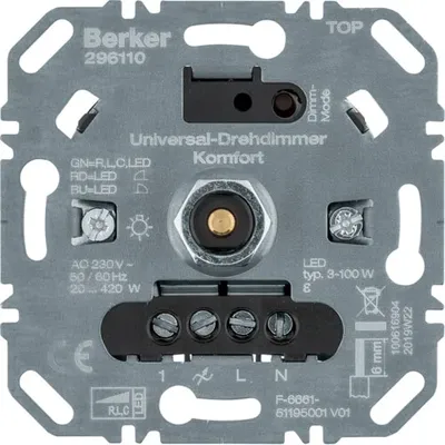 Mechanizm ściemniacza obrotowego Berker 296110 z oznaczeniami obciążeń R/L/C 20-420W i LED 3-100W.