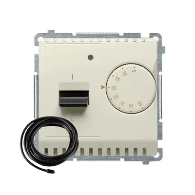 Regulator temperatury Simon Basic BMRT10ZS.02/12 w kolorze beżowym z pokrętłem i przełącznikiem, z dołączonym czujnikiem zewnętrznym.
