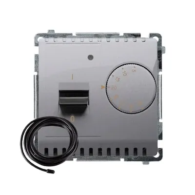 Regulator temperatury Simon Basic BMRT10ZS.02/21 z czujnikiem zewnętrznym, pokrętłem regulacji i przełącznikiem, stal nierdzewna.