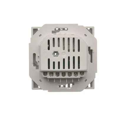 Regulator temperatury z czujnikiem zewnętrznym Simon Basic BMRT10ZS.02/43 - widok z tyłu z zaciskami śrubowymi i elementami montażowymi.