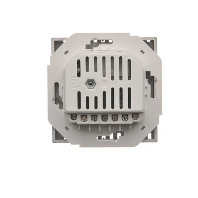 Regulator temperatury z czujnikiem zewnętrznym Stal Inox Simon Basic - BMRT10ZS.02/21 - widok od tyłu z widocznymi zaciskami i elementami montażowymi.