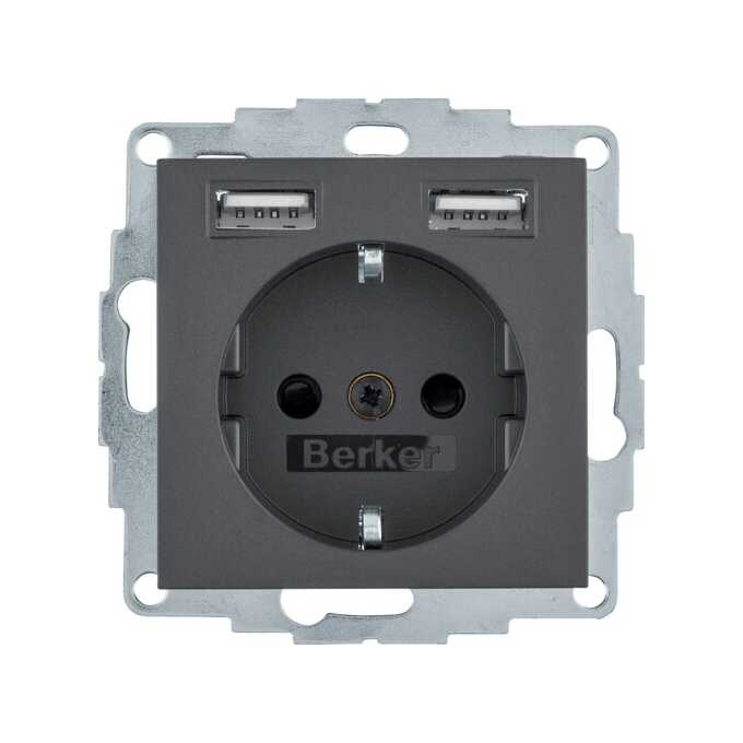 Gniazdo Schuko z ładowarką USB 2,4A (zacisk szybkozłączka) Antracyt mat Berker B.Kwadrat/B.3/B.7 - 48031606