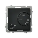 Matowy czarny regulator temperatury Ospel Sonata RTP-1R/m/33 z pokrętłem regulacji od 5°C do 40°C i przyciskiem ON/OFF.