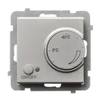 Matowy srebrny regulator temperatury Ospel Sonata RTP-1R/m/38 z pokrętłem regulacji od 5°C do 40°C i przyciskiem ON/OFF.